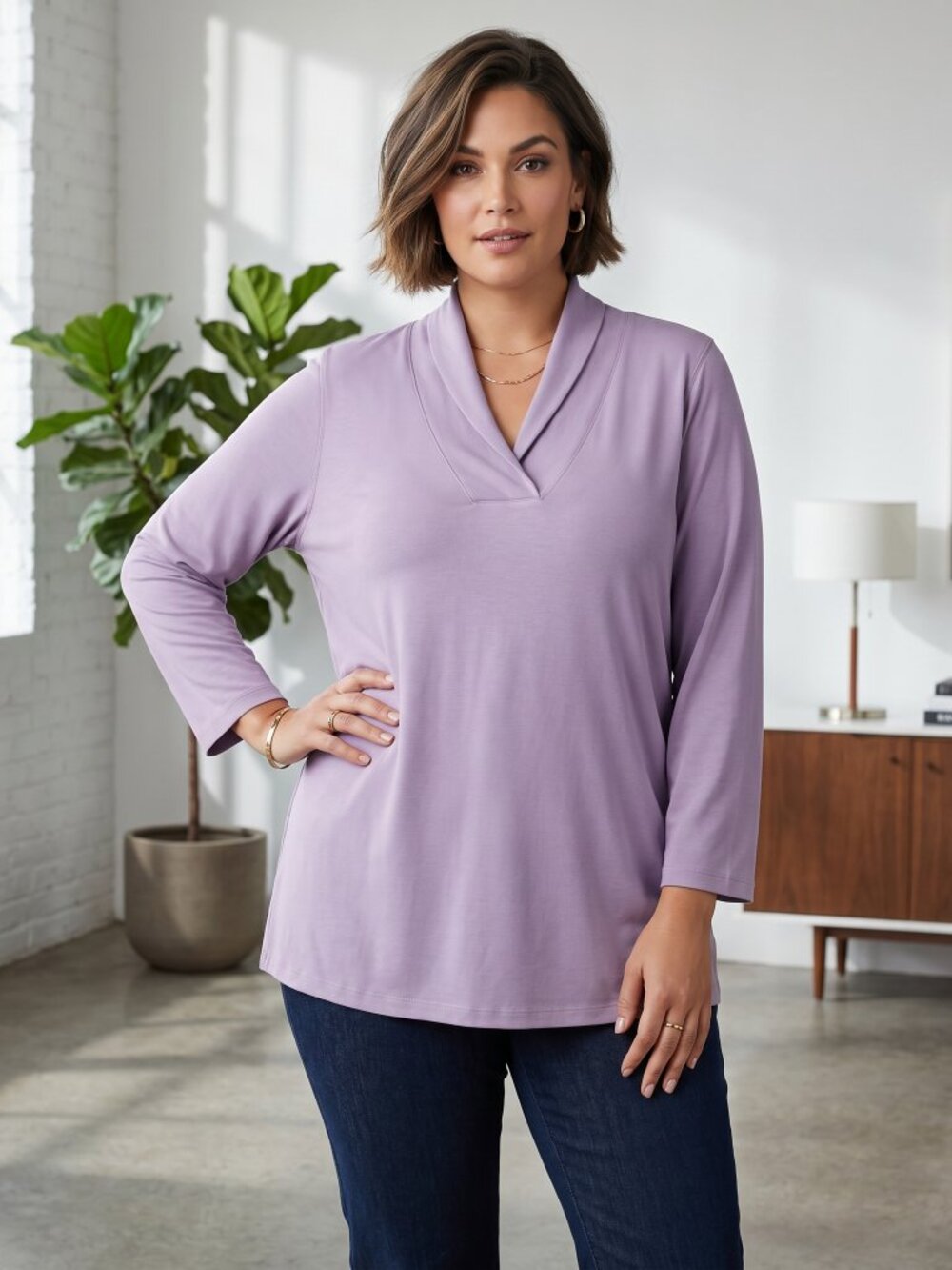 Roamans Lavender Tunic Top Knit LS Shawl Neck Boho Casual Cozy Comfy Sz‎ 18 20 L